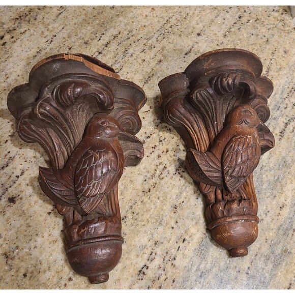 VTG Wood Carved Corbel Decorative Wall Bracket Shelf Pair Bird Hummingbird? FLAW - Picture 1 of 16
